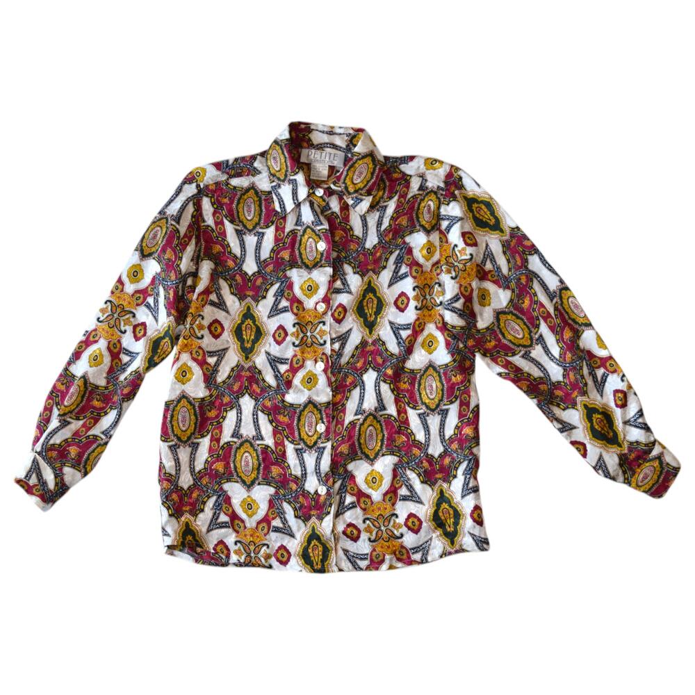 Vintage 90s Petite Sophisticate Paisley Baroque Print Button Down Shirt Size 2